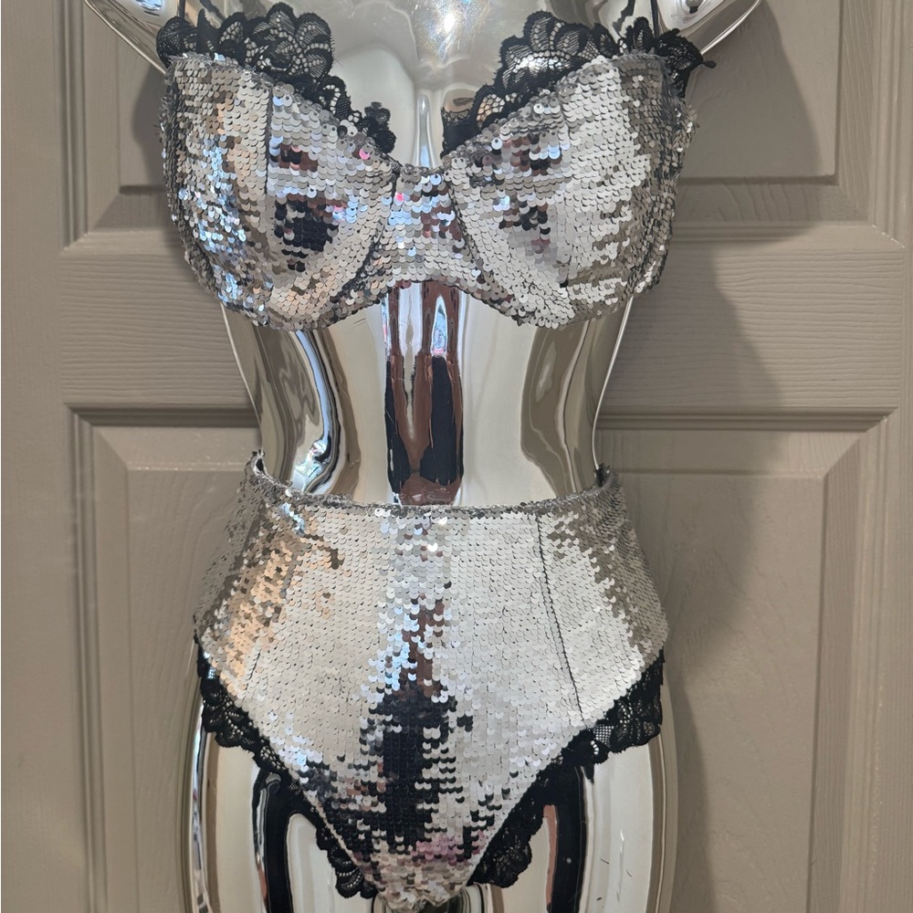 Silver Sequin Lingerie Set with Black Lace 2 set